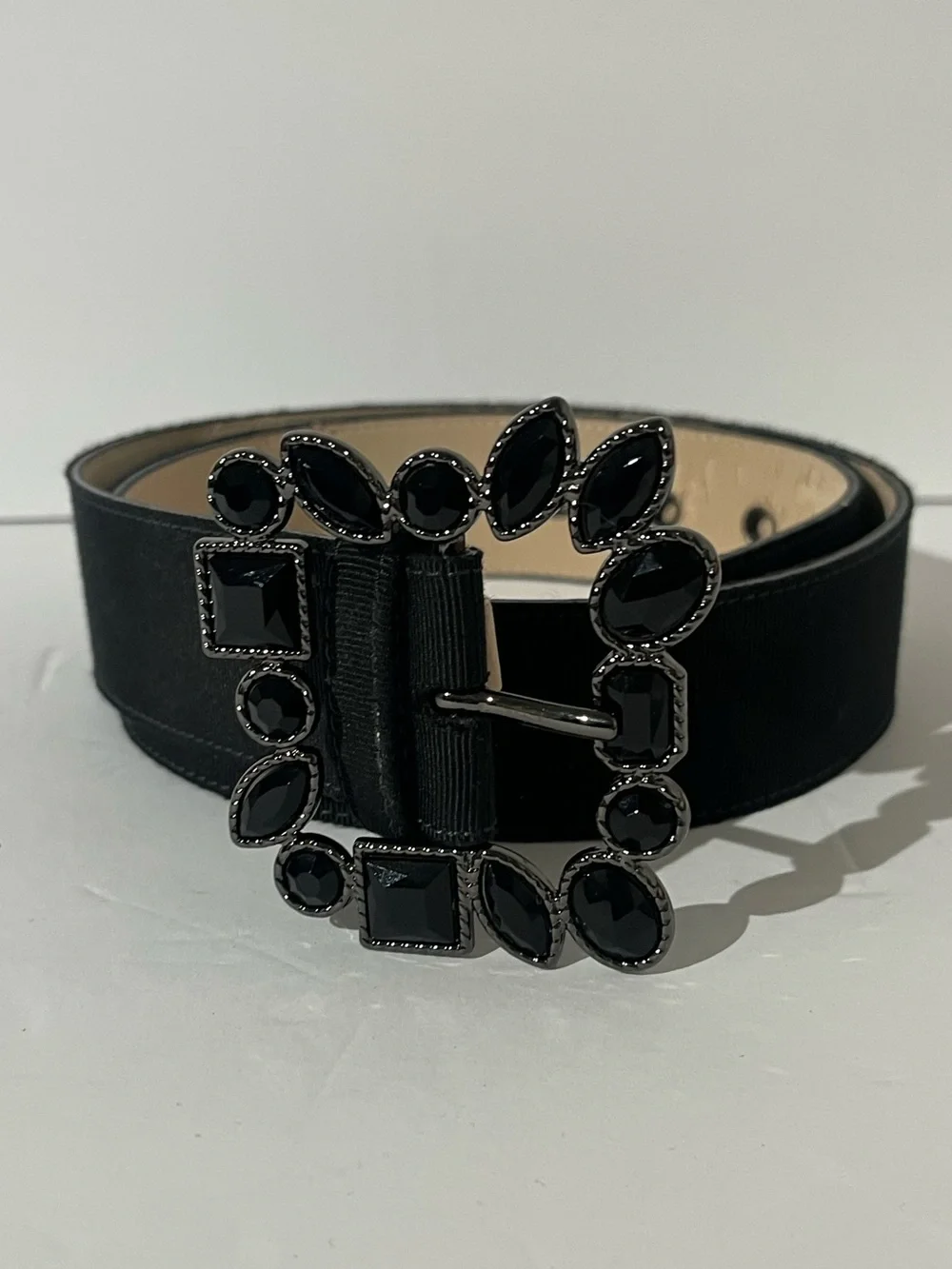St. John Black Grosgrain Ribbon Embellished Black Rhinestone Square Buckle Belt